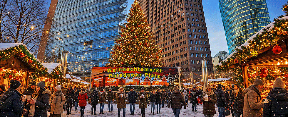Weihnachtsmarkt unter Hochhäuser am Potsdamer Platz Winterwelten am Potsdamer Platz in Berlin
